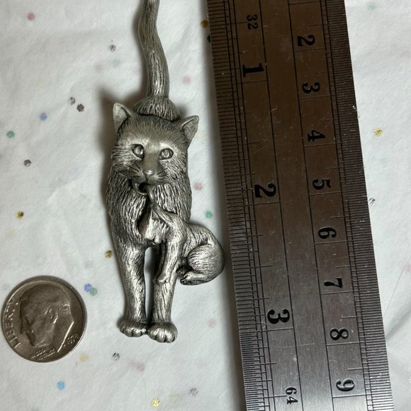 Vintage Signed JJ Silver Pewter Tone Mother Cat With Kitten Brooch Pin Kinetic - Picture 4 of 7